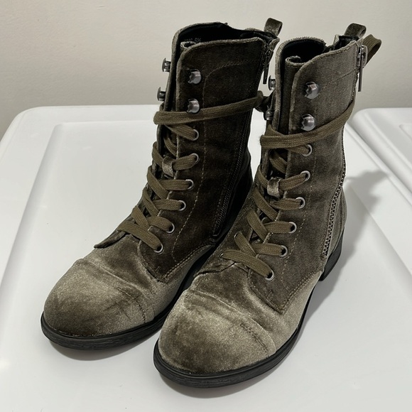 Report Olive Army Green Velvet Huey Boots Women's Size 6.5 cm Zip Up and Lace Up - Picture 2 of 16